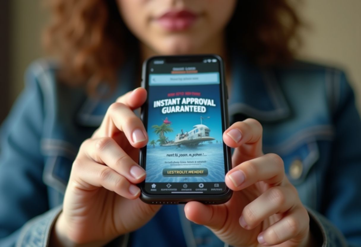 A hand holding a magnifying glass over a document with warning signs and question marks, symbolizing the identification of red flags in predatory debt consolidation loan offers.