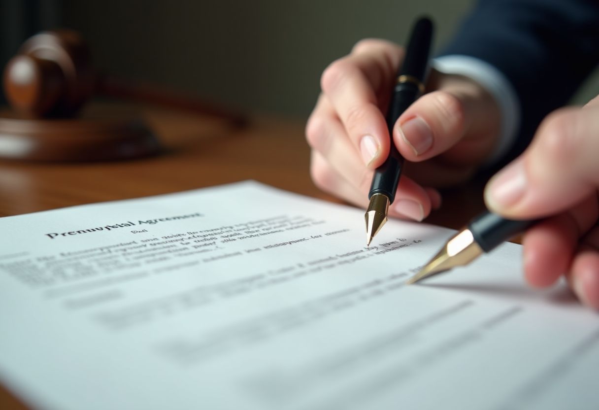 Legal documents, a pen, and a checklist icon on a desk, representing the critical steps for drafting an enforceable prenuptial agreement.