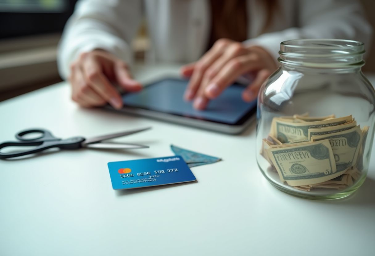 A person writing in a notebook next to a laptop with charts, illustrating a comprehensive post-debt consolidation financial plan and budget management.