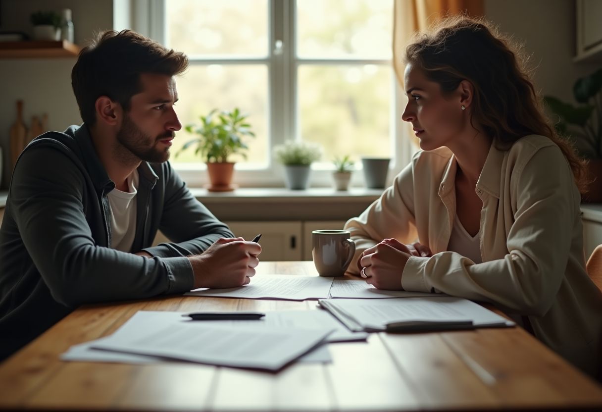 A couple reviews legal documents at a table, symbolizing discussions around prenuptial agreements, covering both their pros and cons.